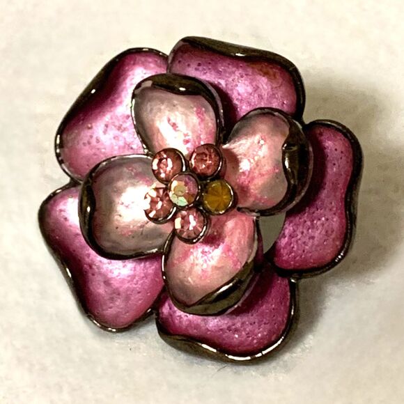 Purple Flower Ring Enamel Petals, Rhinestone Center, Adjustable Band - Picture 2 of 5